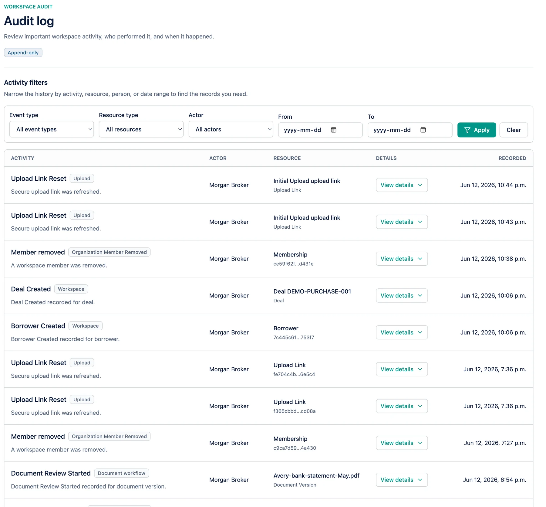 IntakeDock audit log showing workspace activity history