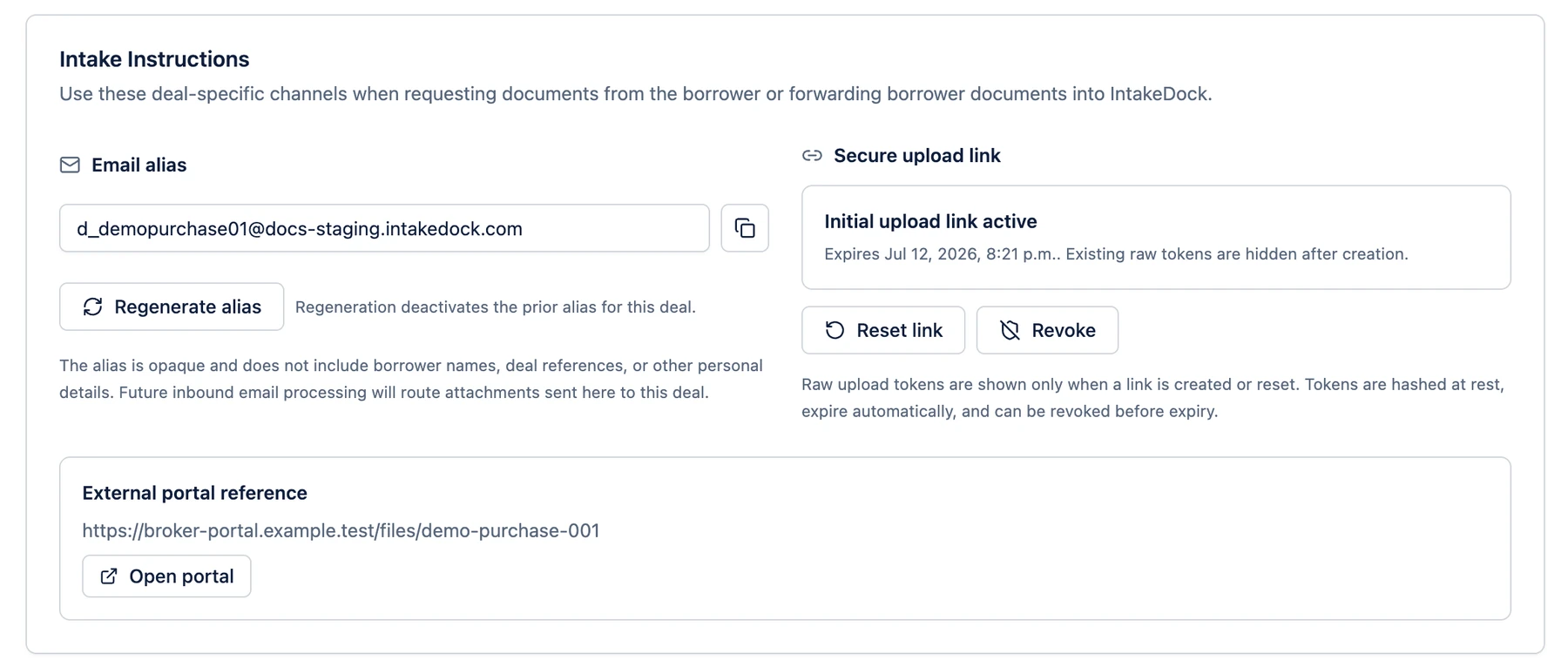 IntakeDock intake instructions showing a deal-specific email alias and secure upload link
