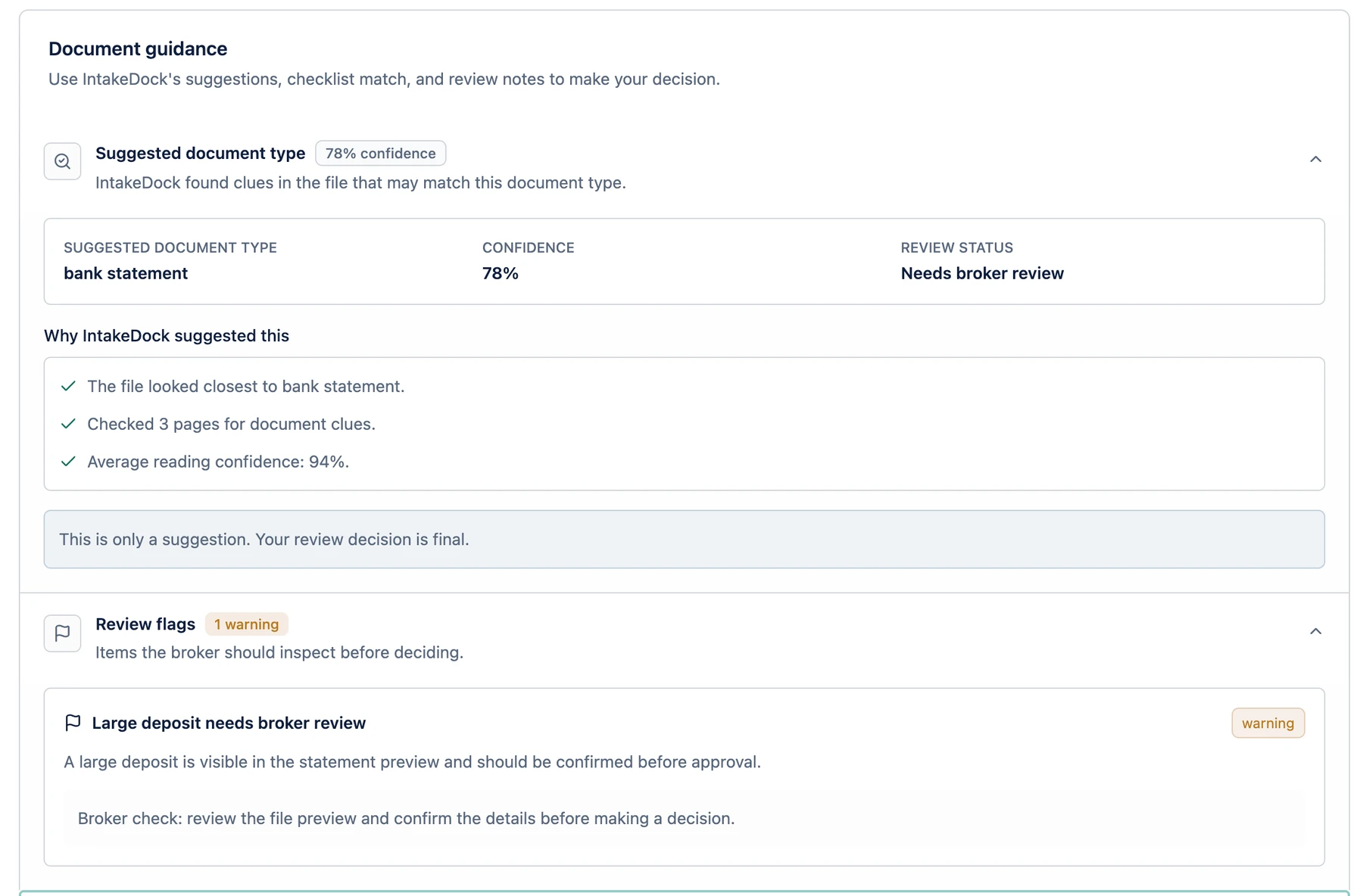 IntakeDock document guidance screen showing suggested document type and broker review flags