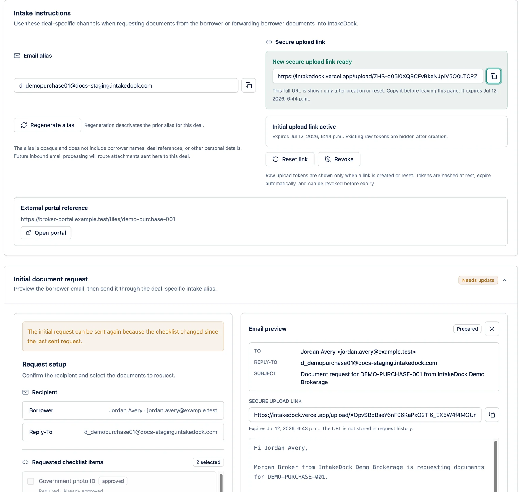 IntakeDock document request workflow with upload link and email preview