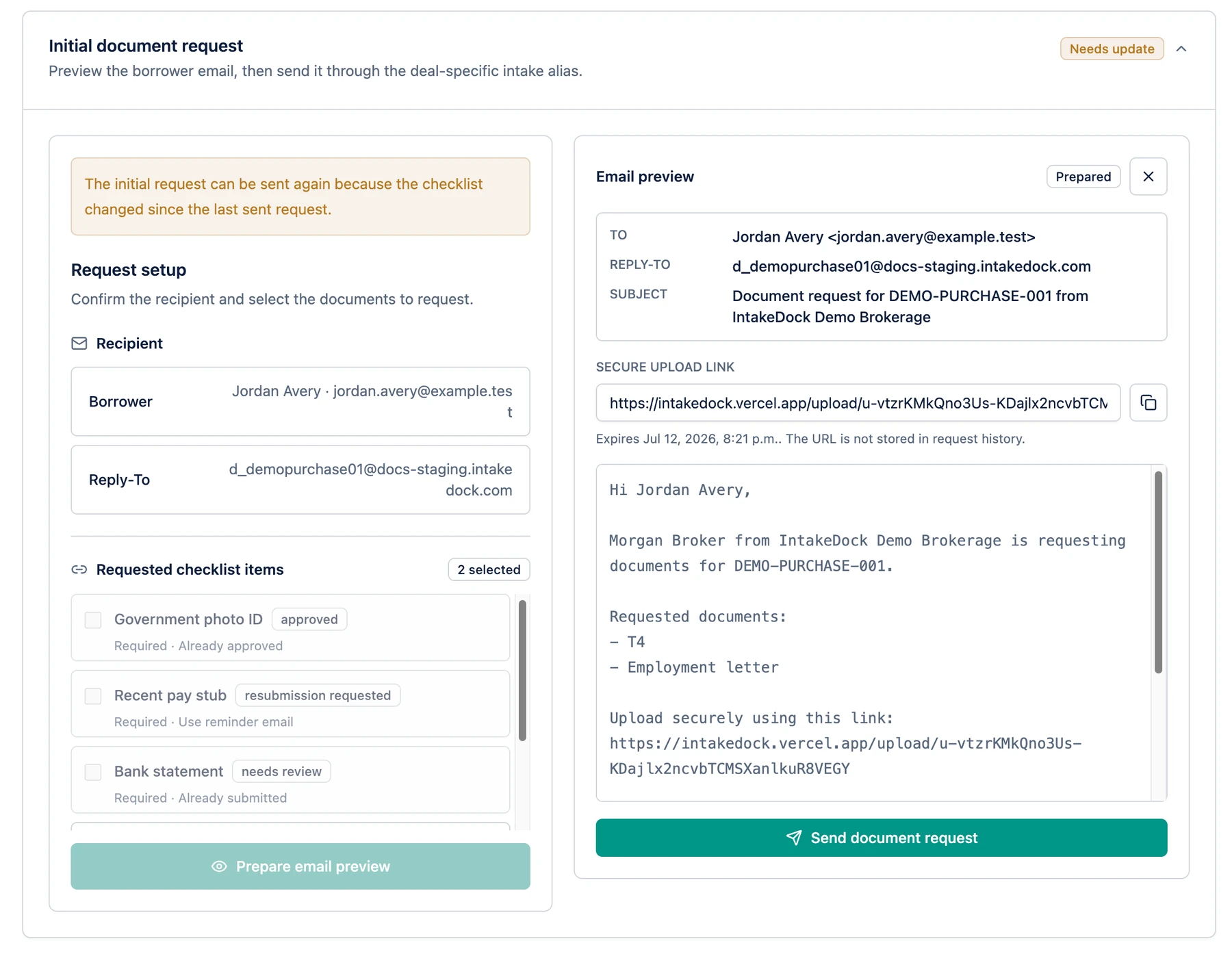 IntakeDock initial document request screen showing requested checklist items and email preview