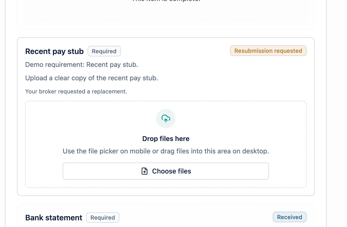 IntakeDock resubmission workflow showing an updated document request