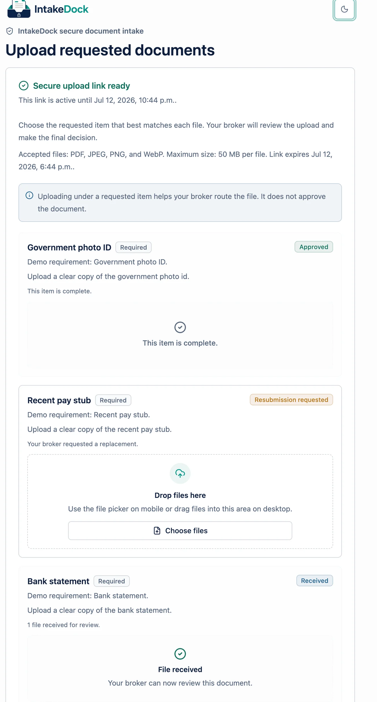 IntakeDock secure borrower upload page for requested documents